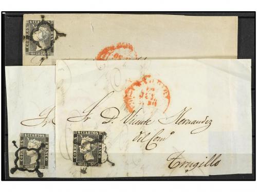 ✉ ESPAÑA. Ed. 1. 1850. TRES Frontales con sello del 6 cuarto