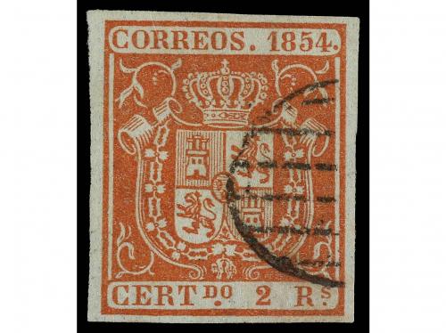 ° ESPAÑA. Ed. 25pa. 2 reales rojo castaño, papel grueso azul