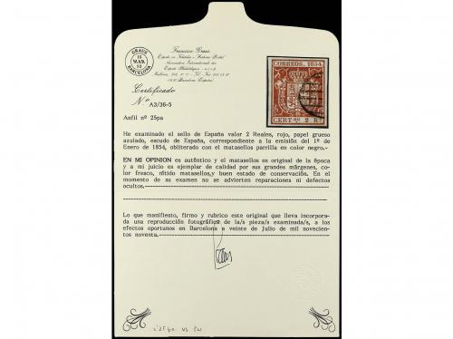 ° ESPAÑA. Ed. 25pa. 2 reales rojo castaño, papel grueso azul