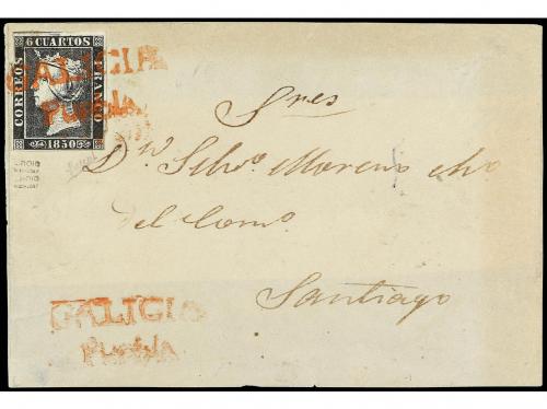 ✉ ESPAÑA. Ed. 1. 1850. FRONTAL circulado a SANTIAGO. 6 cuart