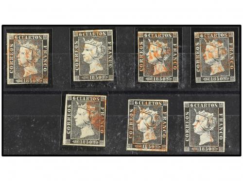 ° ESPAÑA. Ed. 1. 6 cuartos negro, pl. I. 7 sellos con mat. f