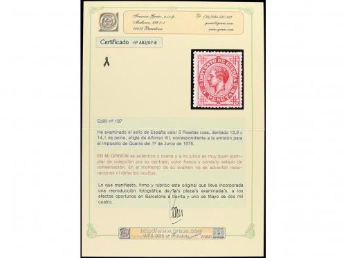 * ESPAÑA. Ed. 187. 5 pesetas rosa. MAGNÍFICO EJEMPLAR, sello