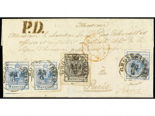 ✉ AUSTRIA. 1855. GROSSWARDEIN a PARÍS. 2 kr. negro y 9 kr. a