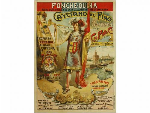 1905 ca. CARTEL. PONCHE-QUINA. CAYETANO DEL PINO. Litografía