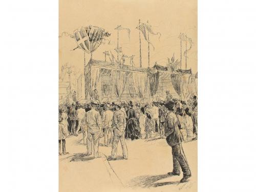 1886. ORIGINAL ARTÍSTICO. PELLICER, J. L.:. DESFILE. Dibujo 