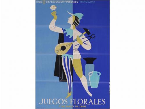 1958. CARTEL. HUGET:. JUEGOS FLORALES. 1º DE MAYOR DE 1958. 