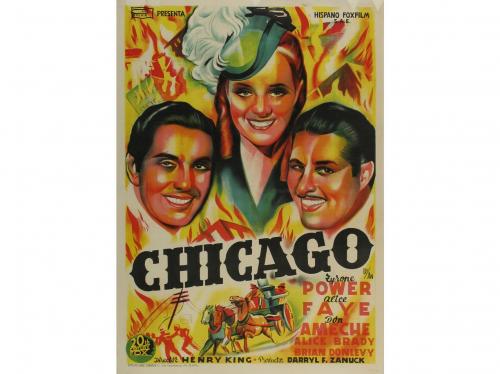 1938. CARTEL CINE. LLO-AN:. CHICAGO. IN OLD CHICAGO. Litogra