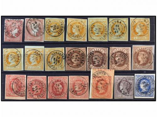 ° ESPAÑA. 1858-64. Conjunto de 21 sellos la mayoría de 4 cua
