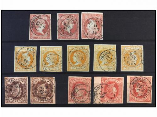 ° ESPAÑA. 1858-64. Conjunto de 13 sellos de 4 cuartos con di