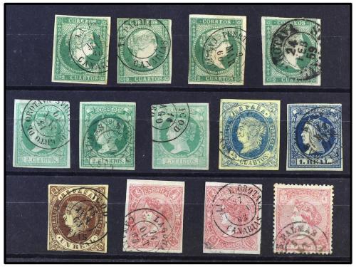 ESPAÑA. 1858-66. Conjunto de 13 sellos la mayoría de 2 cuart