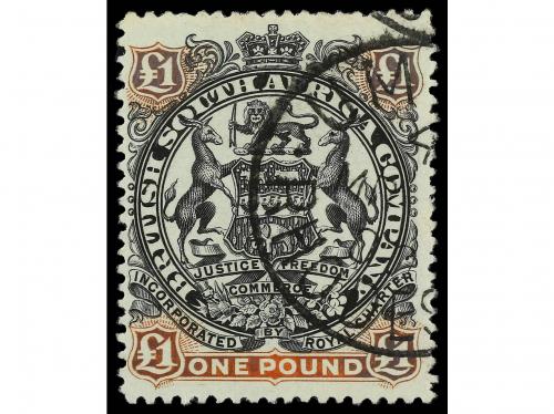 ° RHODESIA. Sg. 73. 1897. 1 £ black and red brown. Fine used