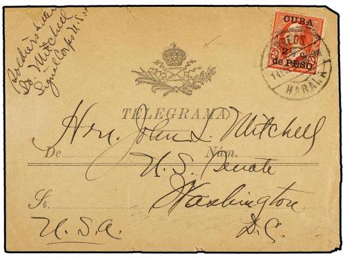 ✉ CUBA. 1899 (Feb 14). Telegram envelope endorsed &#39;Soldier&#39;s