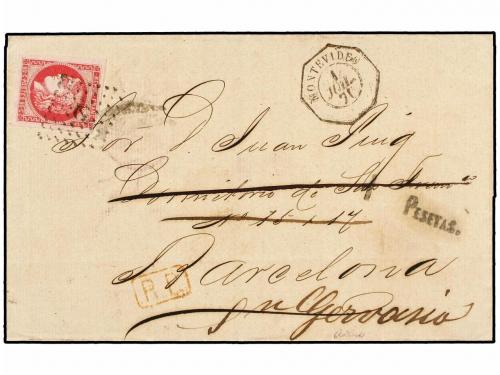 ✉ URUGUAY. 1870. MONTEVIDEO a BARCELONA. Circulada con sello