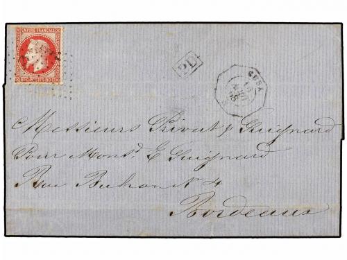 ✉ CUBA. 1868. SANTIAGO a BURDEOS. Circulada con sello francé