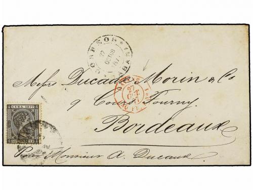 ✉ CUBA. 1877. HABANA a BORDEAUX (Francia). 50 cts. negro mat
