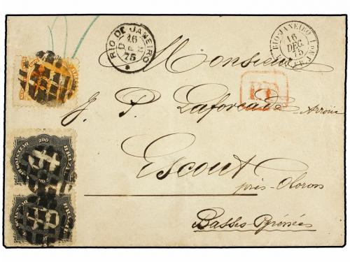 ✉ BRASIL. 1875. Cover franked with pair 200 r. black and sin