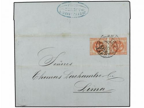 ✉ PERU. 1859 (5 Oct.). TACNA a LIMA. 1 peseta rosa, pareja. 