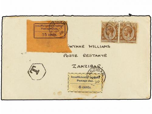 ✉ ZANZIBAR. Sg. D8, D21. 1930. Underpaid cover from ENTEBBE 