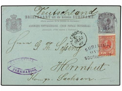 ✉ SURINAM. 1889. PARAMARIBO to GERMANY. 5 cts. lilac card up