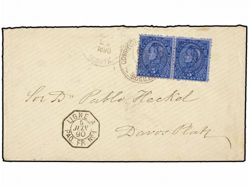 ✉ COLOMBIA. 1890. BOGOTA a DAVOS (Suiza). 5 cts. azul (2), f