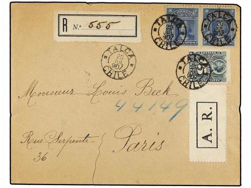 ✉ CHILE. Sc. 30, 71 (2). 1907. TALCA a PARÍS. 5 ctvos. azul 