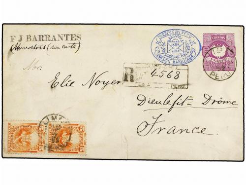 ✉ PERU. 1892. LIMA a FRANCIA. Entero postal de 20 cts. lila 