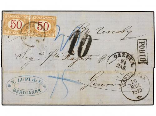 ✉ RUSIA. 1870. BERDIANSK to GENOVA. Via Odessa, taxed on ar