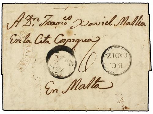✉ GIBRALTAR. 1827. CHICLANA (Cádiz, Spain) to MALTA. Entire 