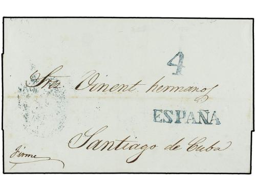 ✉ CUBA. 1853. SANTANDER a SANTIAGO DE CUBA, marca lineal ESP