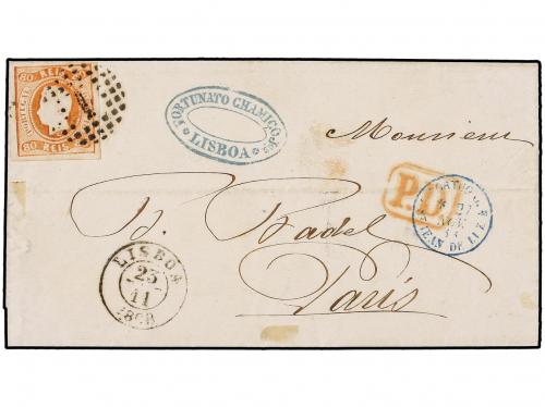 ✉ PORTUGAL. Af. 24. 1868. LISBOA a PARÍS. 80 reis naranja. M