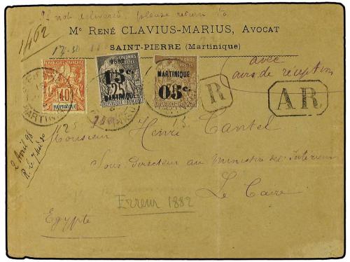 ✉ MARTINICA. 1896. Registered envelope to EGYPT bearing 05
