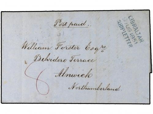 ✉ GIBRALTAR. 1851 (June 9). Outer letter sheet to Alnwick,