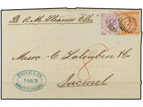 ✉ JAMAICA. 1874 (Aug 8). Entire letter at double rate from