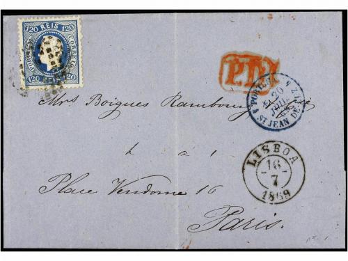 ✉ PORTUGAL. Af. 34. 1869. LISBOA a PARÍS.120 reis azul. Raro