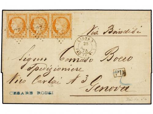 ✉ SINGAPUR. 1875 (28-8). SINGAPORE a GENOVA (Italia).Circul