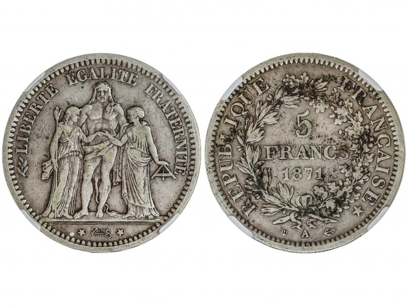 FRANCIA. 5 Francs. 1871-A. III REPUBLIQUE. PARÍS. AR. Encaps
