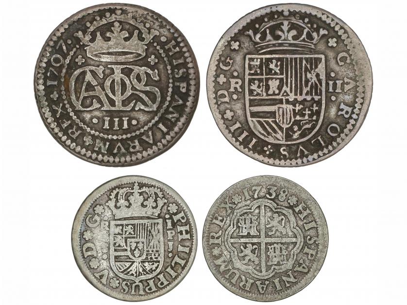 CARLOS III Pretendiente. Lote 2 monedas 2 Reales. 1707, 1710