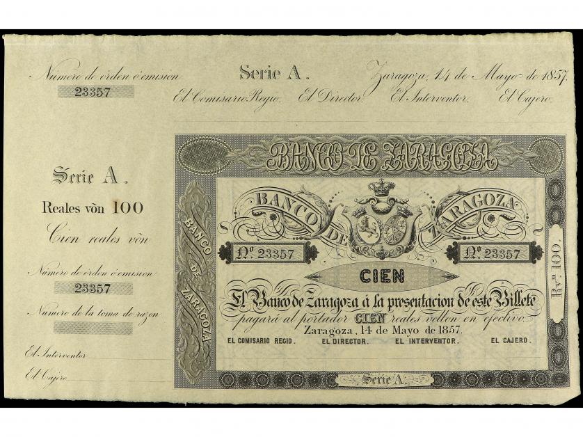 ANTIGUOS. Lote 2 billetes 100 Reales de Vellón. 14 Mayo 1857