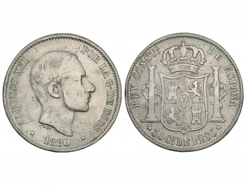 ALFONSO XII. 50 Centavos de Peso. 1880. MANILA. (Rayitas y g