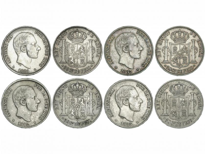 ALFONSO XII. Lote 4 monedas 50 Centavos de Peso. 1881, 1882,