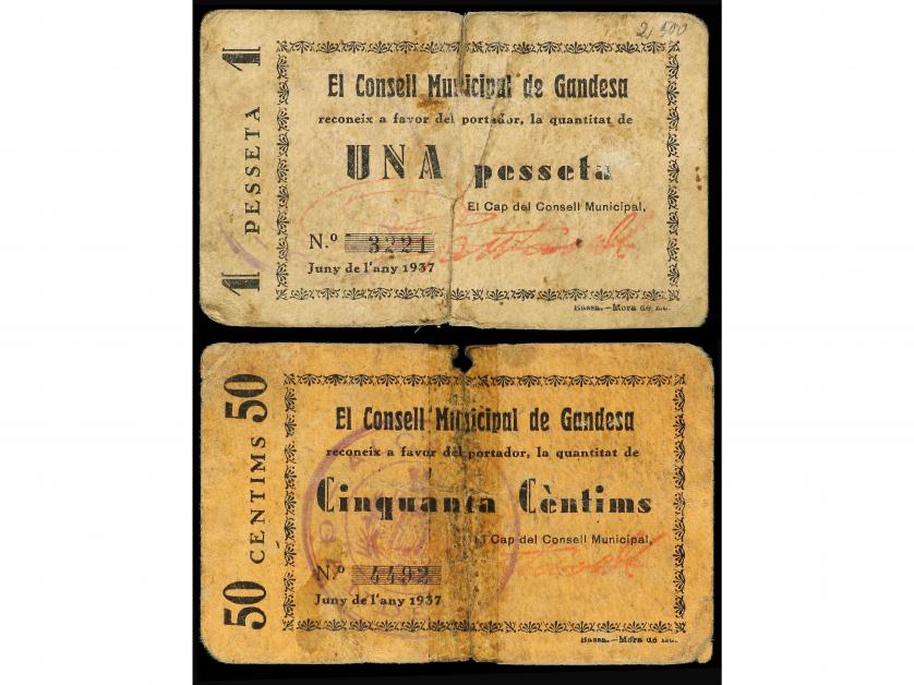 CATALUNYA. Lote 2 billetes 50 Cèntims y 1 Pesseta. 1937. C.M