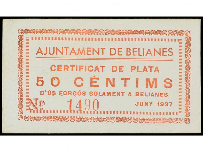 CATALUNYA. 50 Cèntims. Juny 1937. Aj. de BELIANES. MUY RARO.