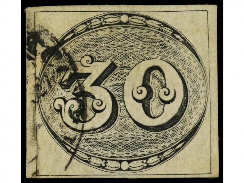 ° BRASIL. Sc. 1b. 1843. 30 reis negro, impresión gastada. BO