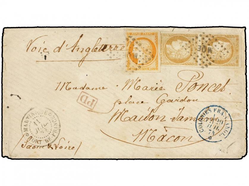 ✉ MARTINICA. 1874. PORT DE FRANCE a FRANCIA. 15 cts. bistre 