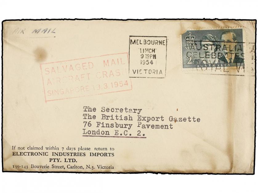 ✉ SINGAPUR. 1954. VICTORIA to LONDON. CRASH COVER. Envelope 