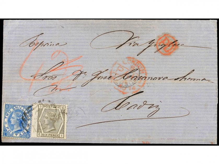 ✉ PUERTO RICO. 1874. SAN JUAN a CÁDIZ. Circulada con sellos 