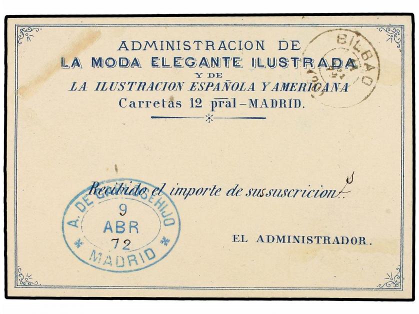 ✉ ESPAÑA. Ed. 102. 1872. MADRID a BILBAO. Tarjeta Postal PRE