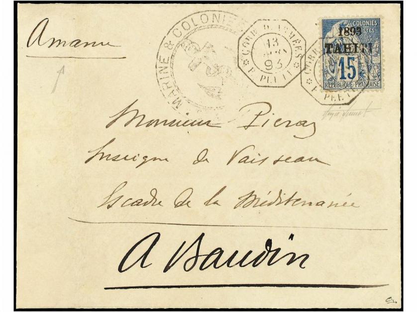 ✉ TAHITI. 1893 (March 13). Cover at concessionary Soldier&#39;s 