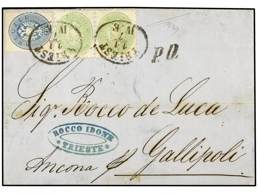 ✉ AUSTRIA. Mi. 31 (2), 33. 1867. TRIEST to GALLIPOLI (Italy)