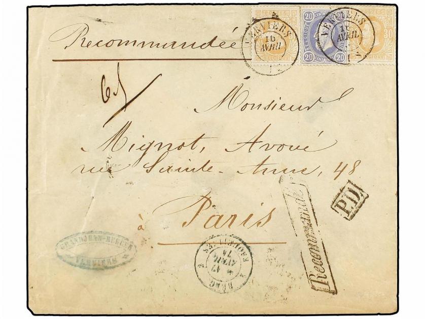 ✉ BELGICA. 1874. VERVIERS to FRANCE. Envelope franked with 2